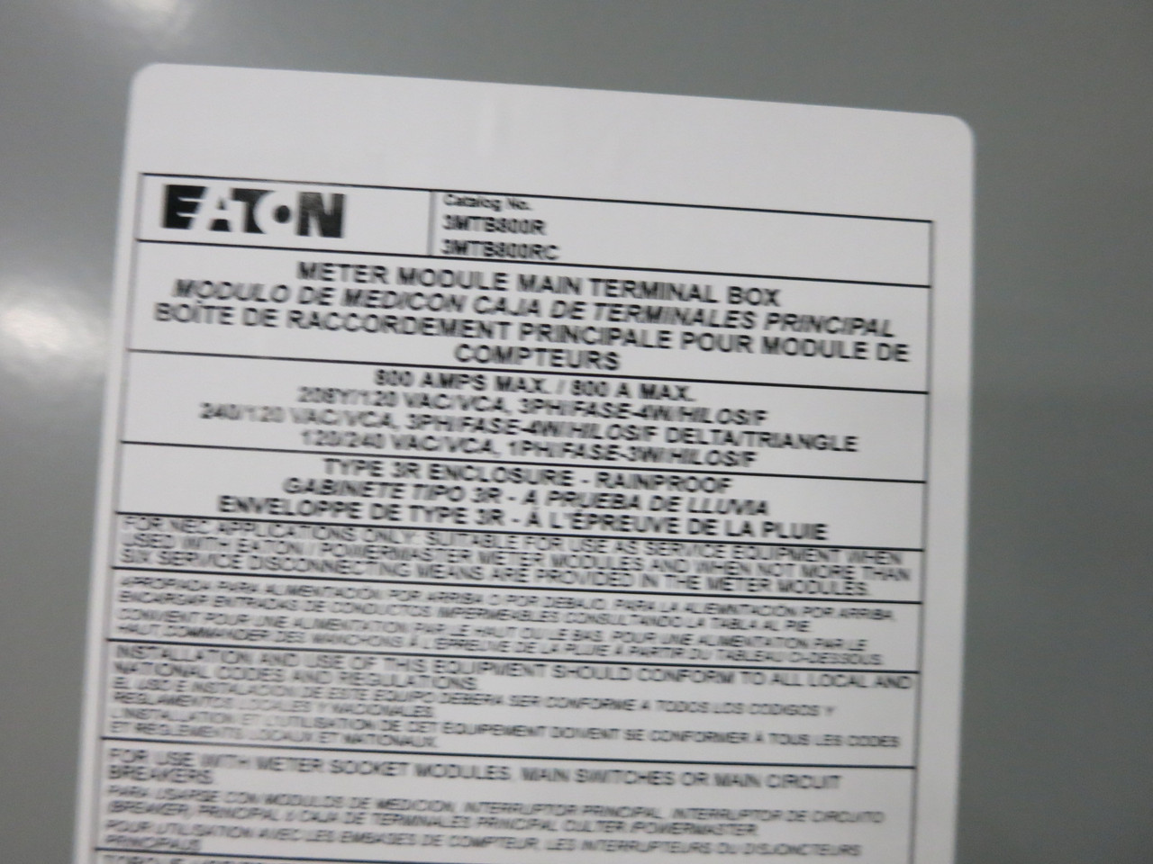 NEW Eaton 3MTB800R 800A 120/208/240V Main Terminal Box 3PH 4W 800 Amp 3R (DW8174-1)