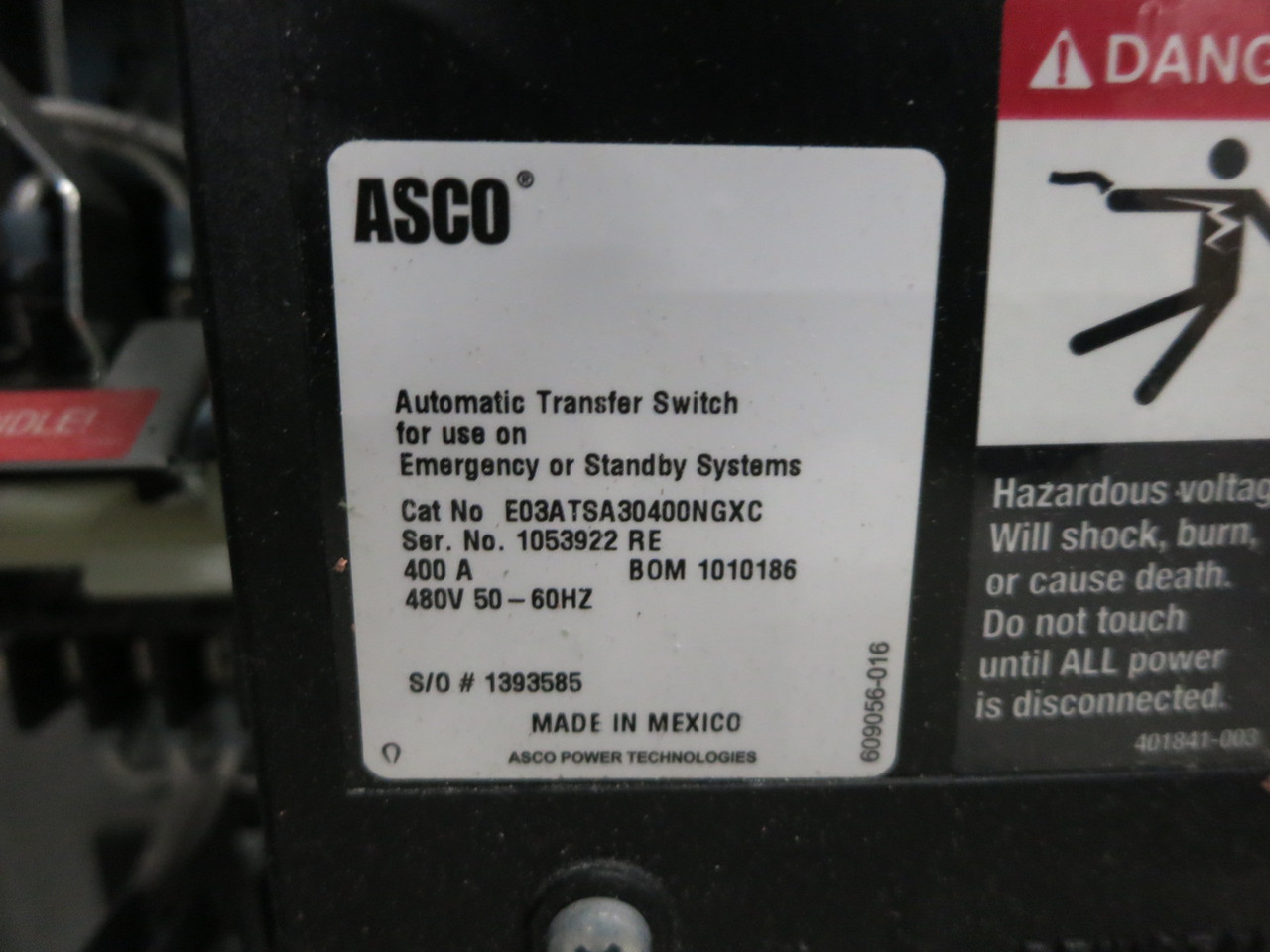 ASCO E03ATSA30400NGXC 400A 480V Automatic Transfer Switch Series 300 400 Amp ATS (DW8172-1)