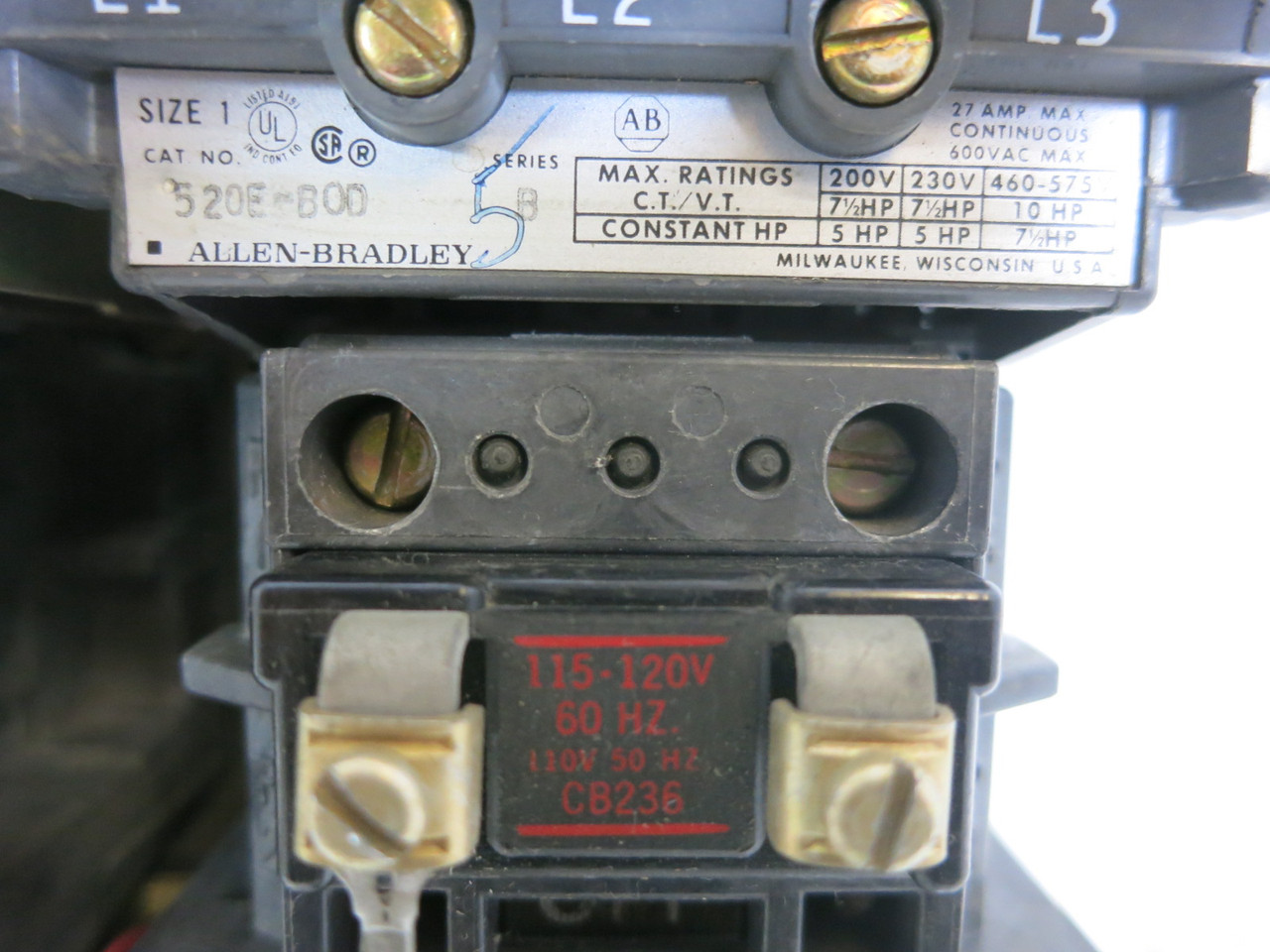 Allen Bradley 520E-BOD Size 1 2 Speed Starter 120V Coil 27A 520E-B0D No Heaters (BJ1119-1)