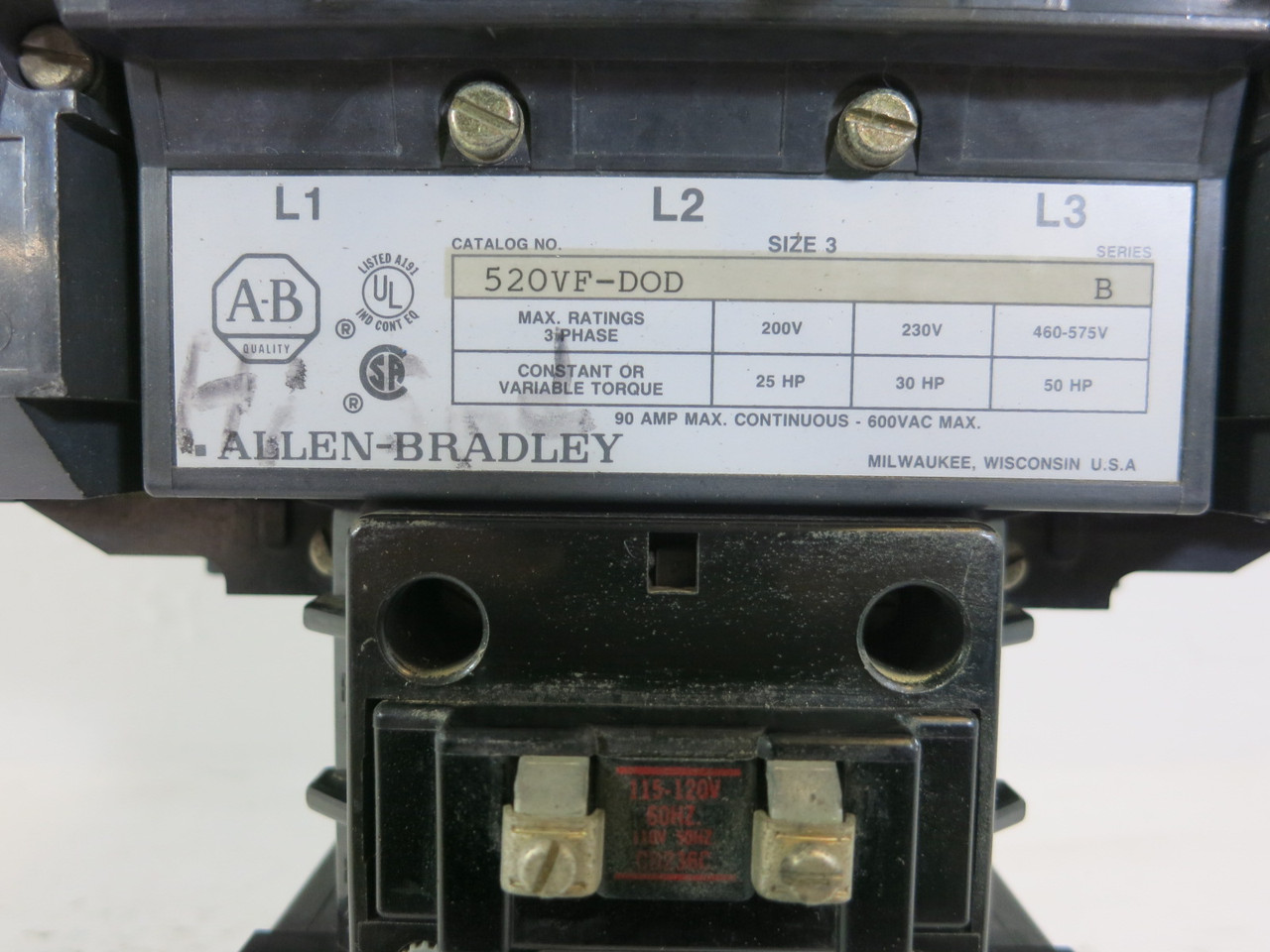 Allen Bradley 520VF-DOD Size 3 Motor Starter 120V Coil 50HP 90A 600VAC Flawed (BJ1118-1)