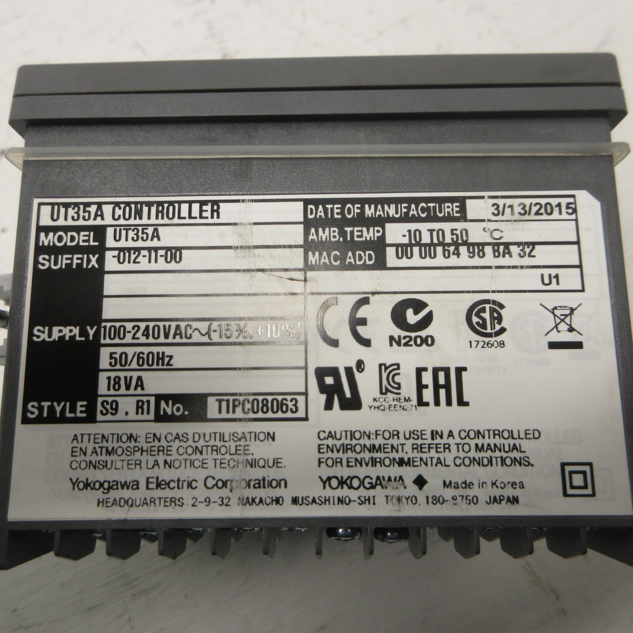 Yokogawa UT35A Temperature Controller UT35A-012-11-00 100-240V 18VA Style S9.R1 (AH1240-1)