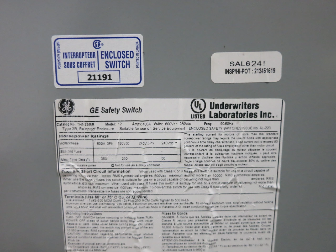GE THN3365R 400A 600V Non-Fusible Heavy Duty Safety Switch Disconnect 400 Amp 3R (DW8185-2)