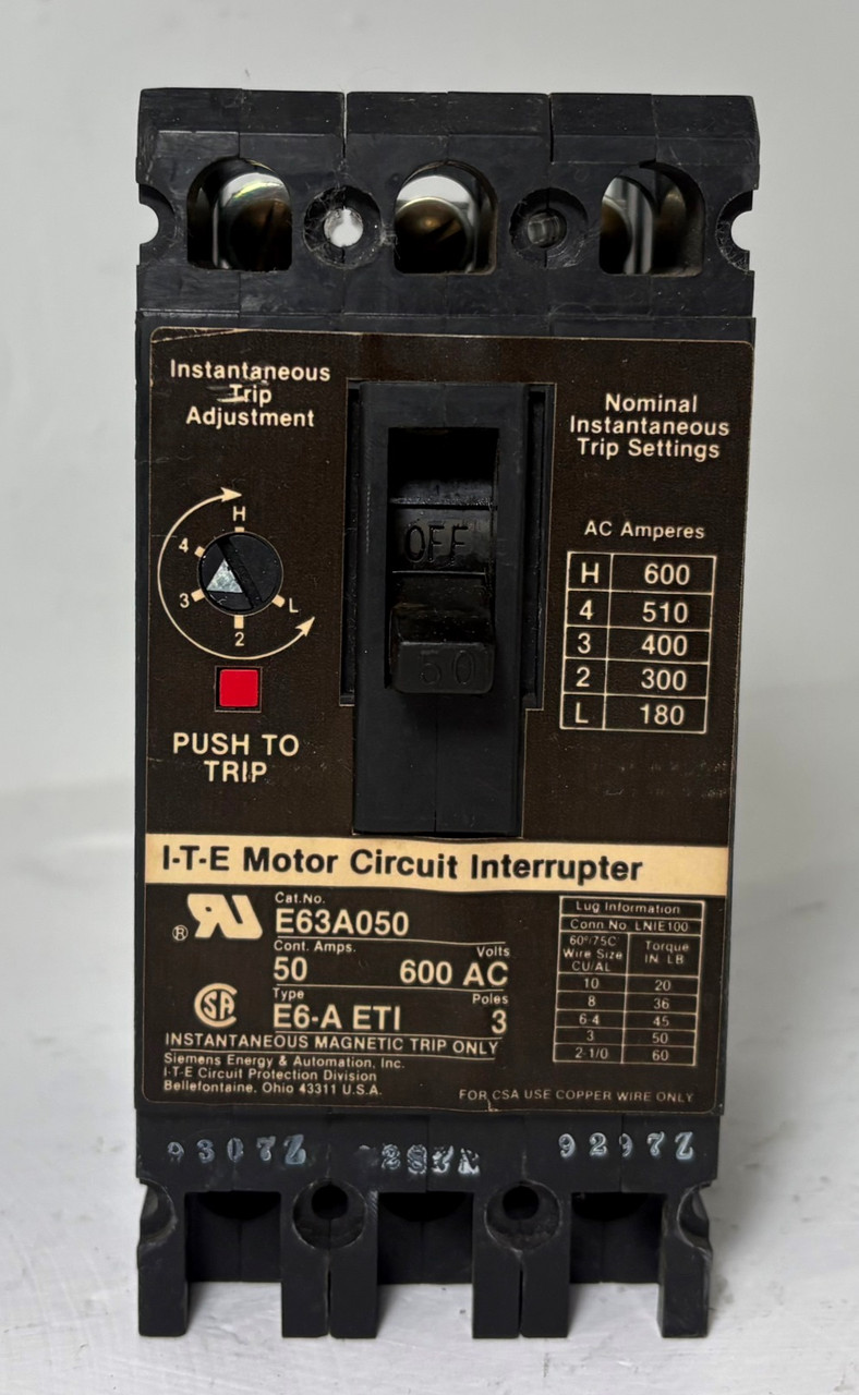 Siemens I-T-E E63A050 50A Circuit Breaker Type E6-A ETI 3P 480/600V ITE 50 Amp (EM5915-1)