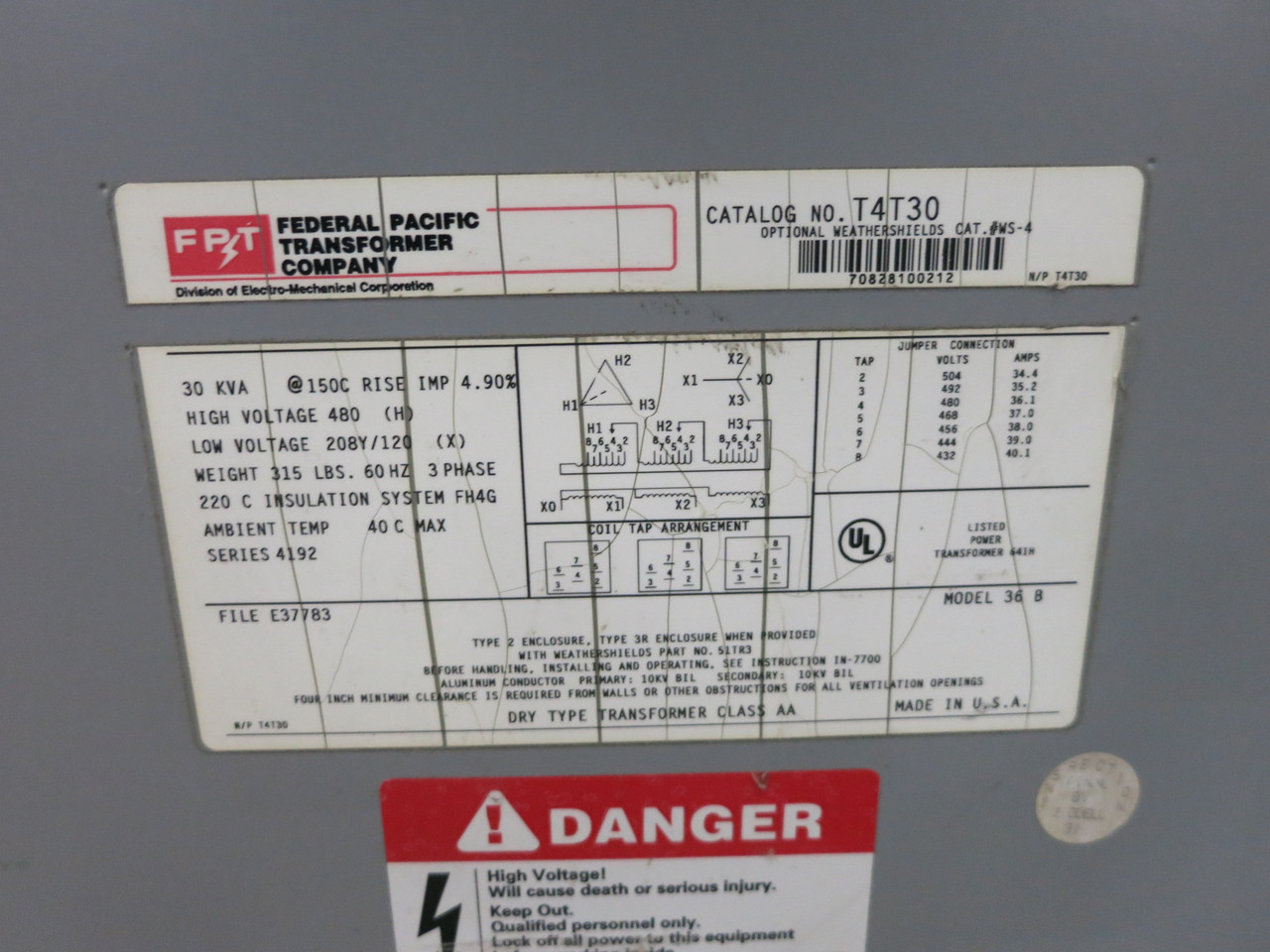 FPT 30 kVA 480 Delta to 208Y/120 V 3PH Dry Type Transformer T4T30 480V - 208 (DW8199-1)