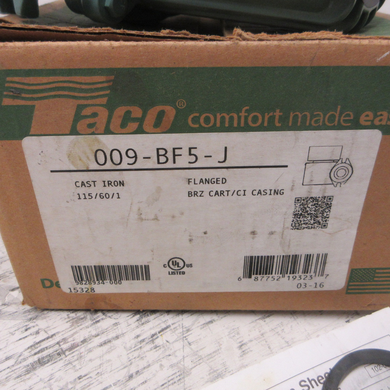 NEW Taco 009-BF5-J Cast Iron Cartridge Circulator 1/8HP 1.4A 60Hz 115V 3250RPM (AH1259-2)