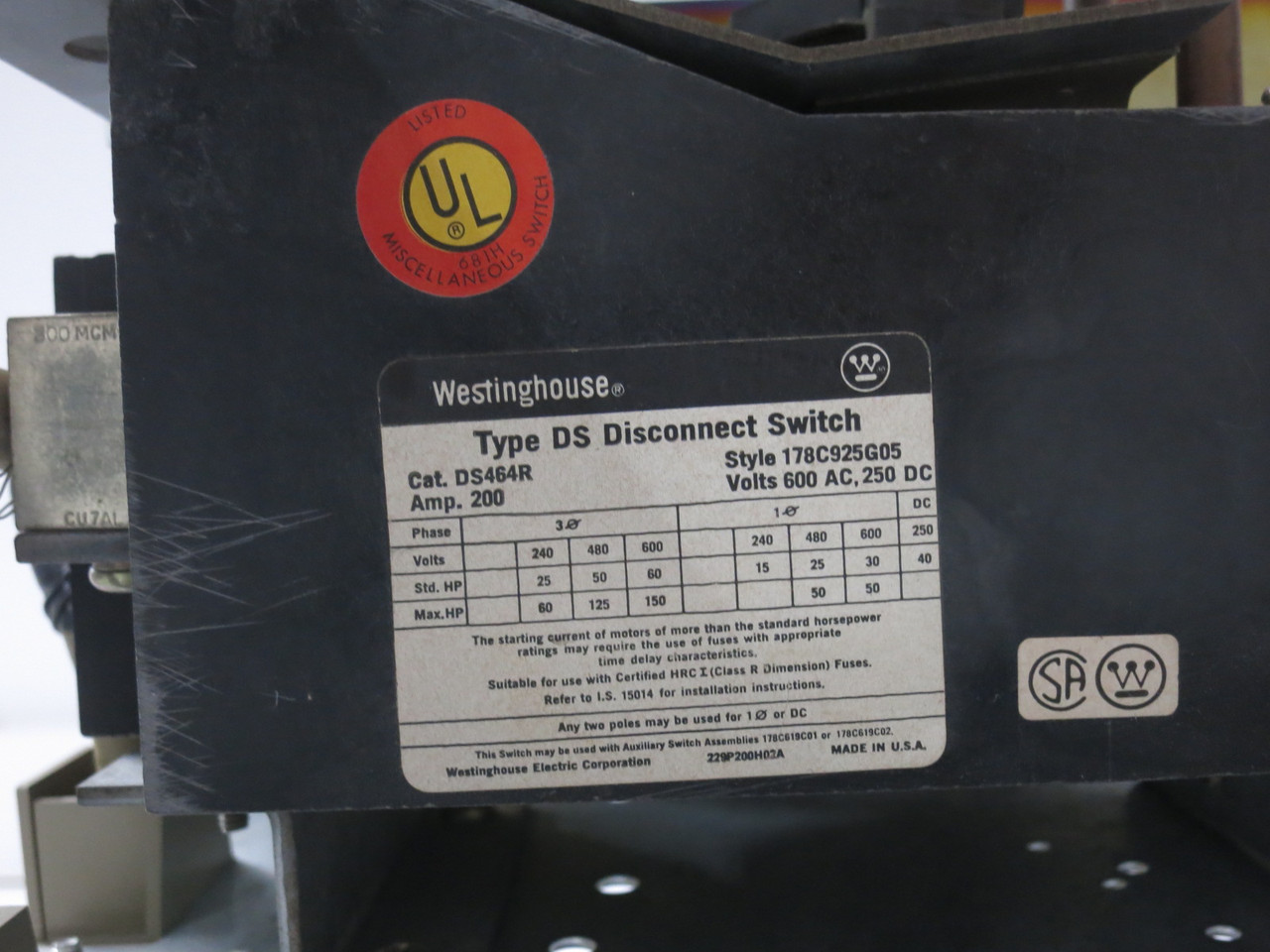 Siemens Model 90 200A Fusible Feeder 24" MCC Bucket 200 Amp Fused Model 95 DS464 (DW8207-1)