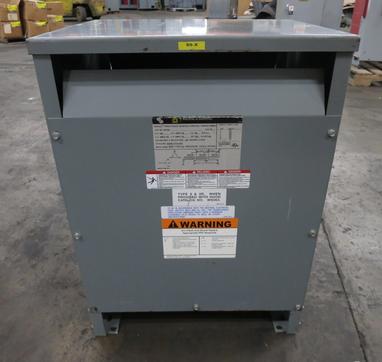 Square D 30 kVA 480 Delta to 208Y/120 V 3PH Dry Type Transformer 30T3H 480V 208 (DW8219-1)