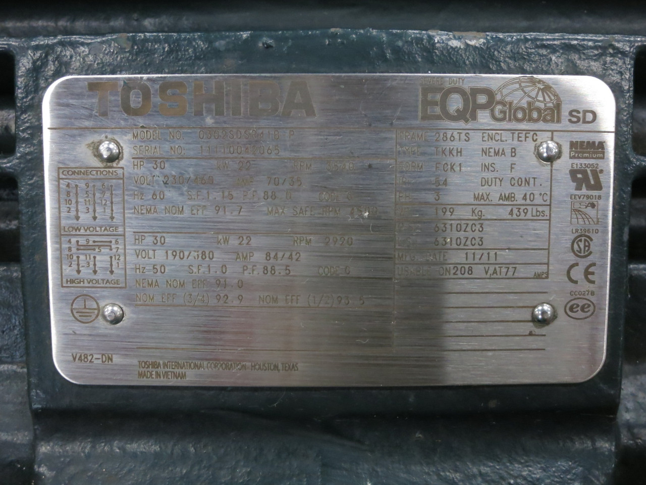 NEW Toshiba 30 HP AC Motor 230/460V 286TS 3540 RPM TKKH FCK1 TEFC 0302SDSR41B-P (DW8218-1)