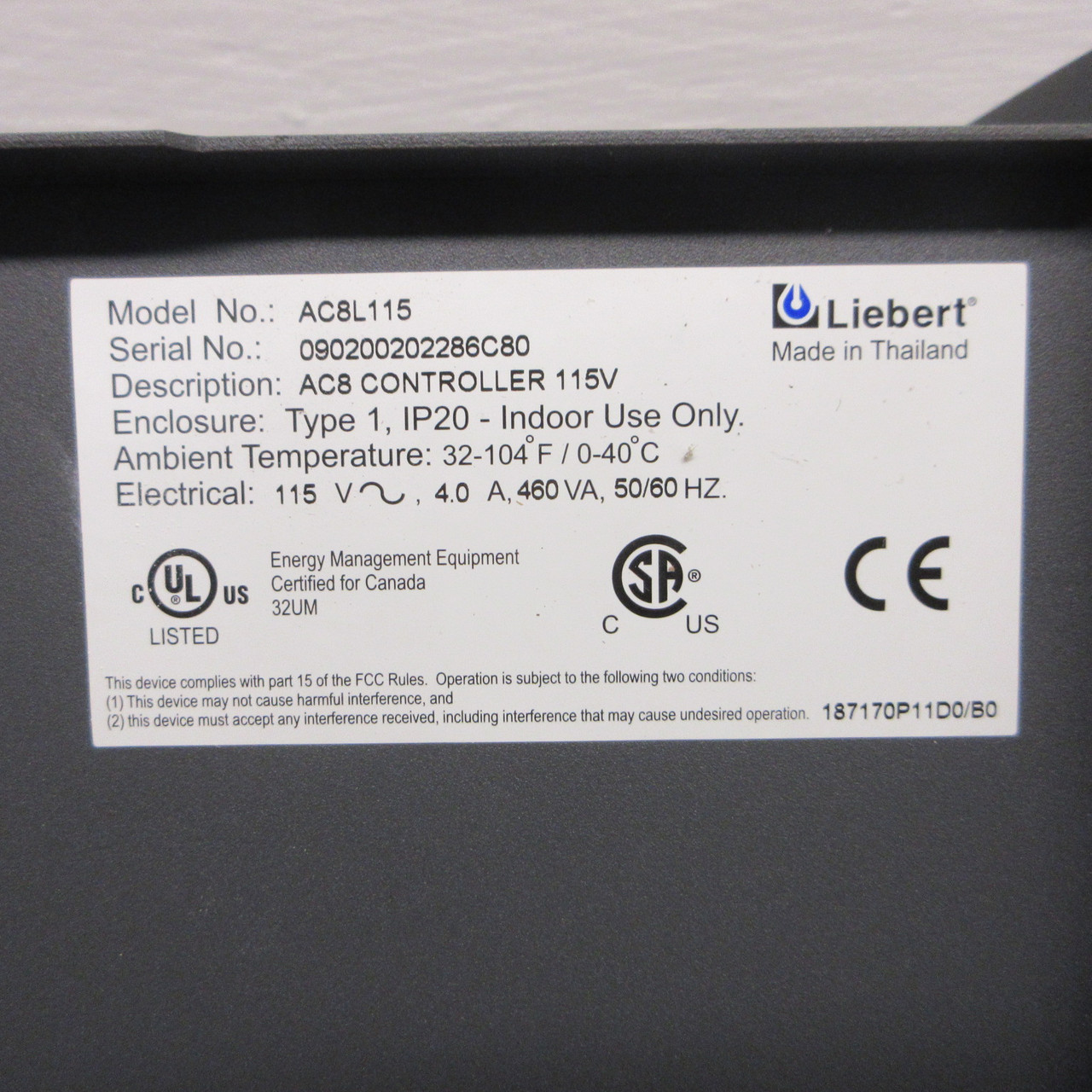 Liebert Emerson AC8L115 AC8 Controller 115V Type 1 Enclosure (Indoor Use) w/ Key (AH1273-1)