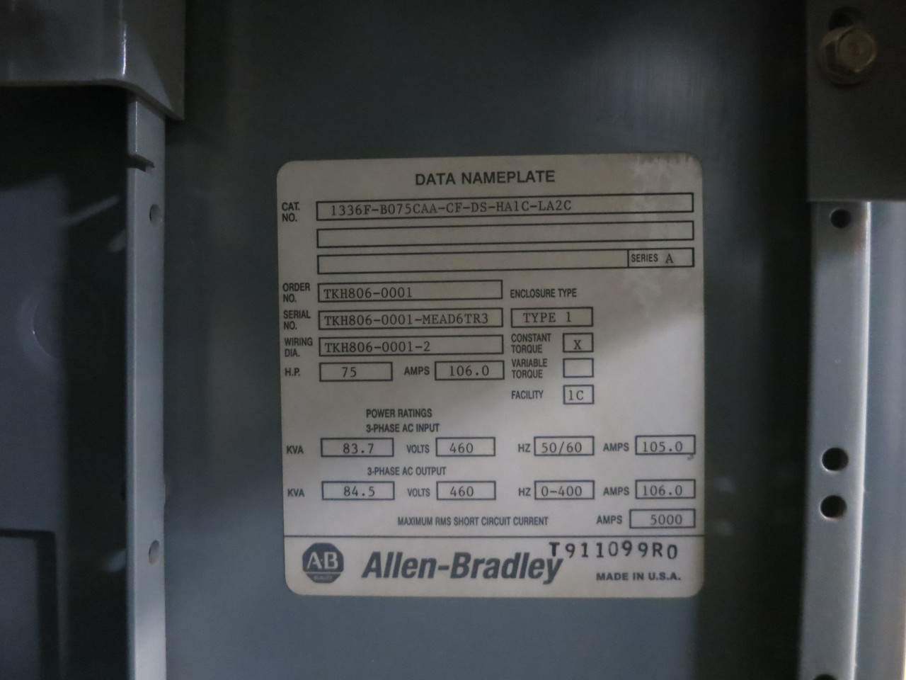 Allen Bradley 1336F-B075-AN-EN-L6 75 HP 480V 1336 Plus II AC VS Drive 200A Fused (DW8224-1)