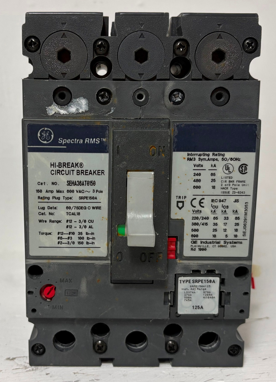 GE SEHA36AT0150 150A Spectra Circuit Breaker w/ 125 Amp Plug 3P General Electric (EM5916-1)
