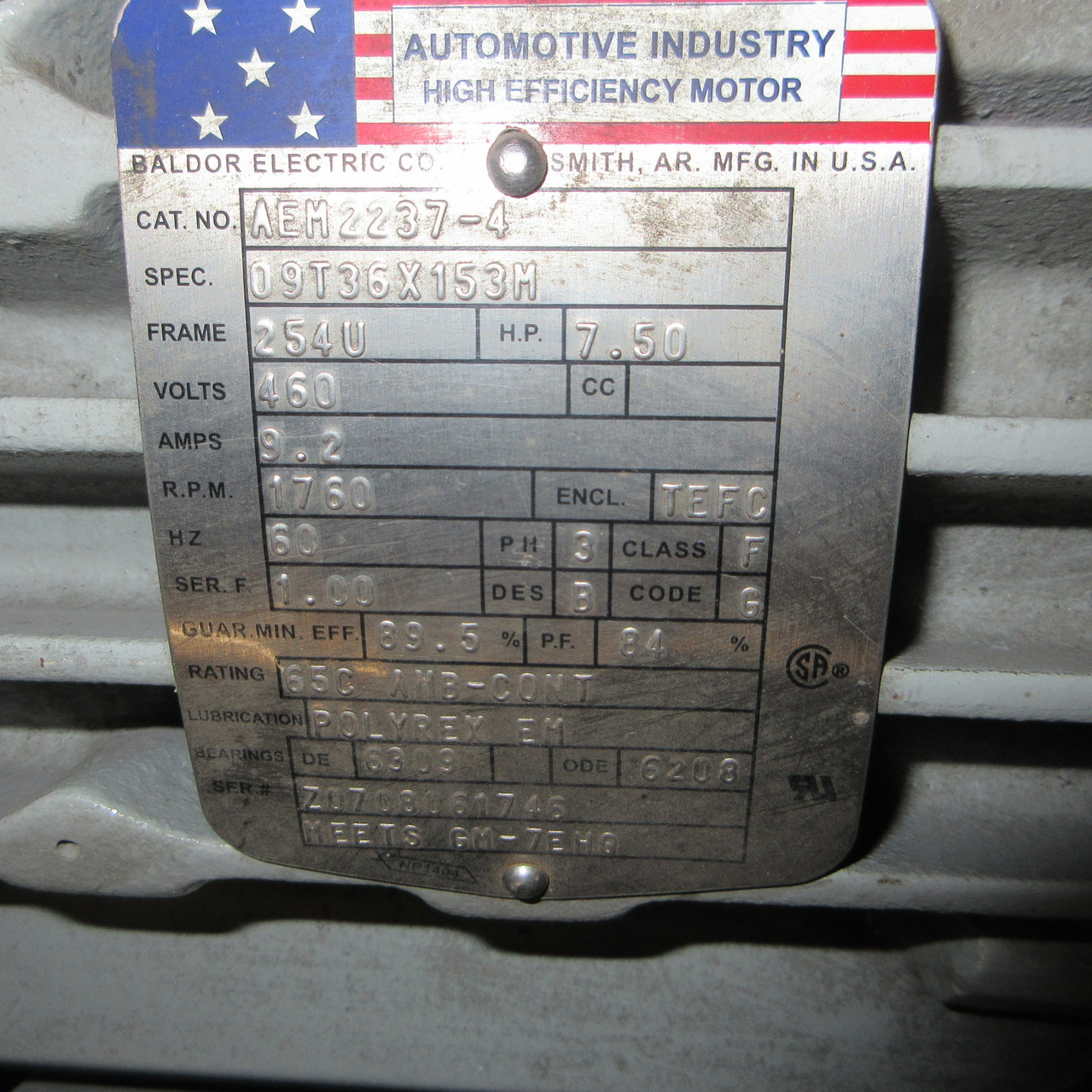 NEW Baldor AEM2237-4 7.5 HP AC Motor 460V 1760 RPM 254U 09T36X153M 9.2A 3PH NIB (AH1276-1)