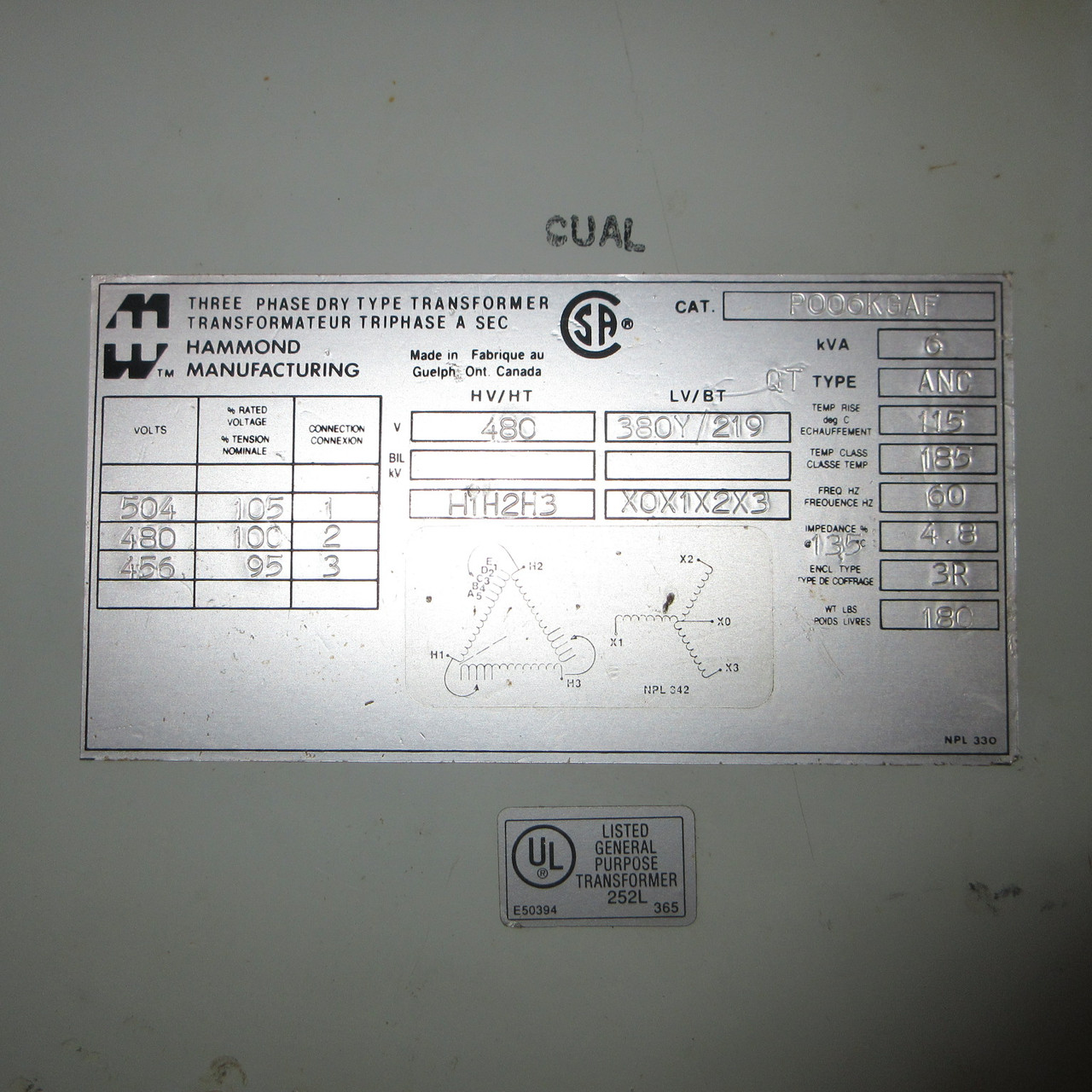 Hammond 6 kVA 480 Delta - 380Y/219 Dry Type 3PH Transformer P006KGAF 6kVA 3R (AH1277-1)