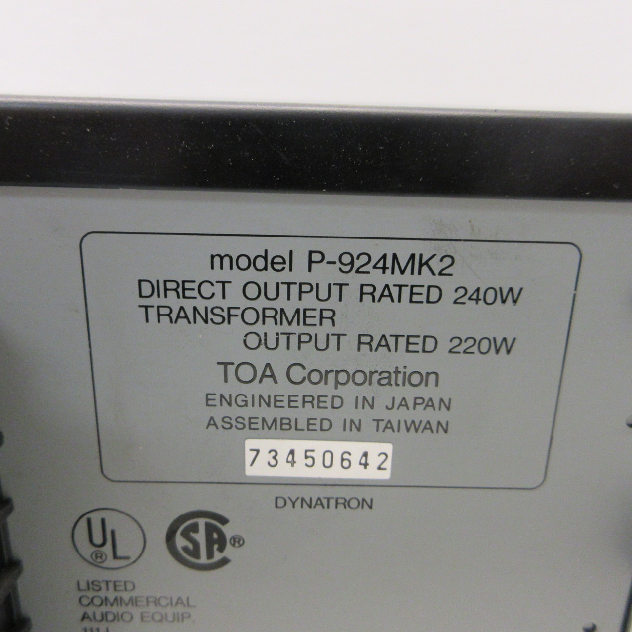 TOA Corporation P-924MK2 Amplifier 900 Series II Single Channel 240 Watt 120VAC (AH1280-4)