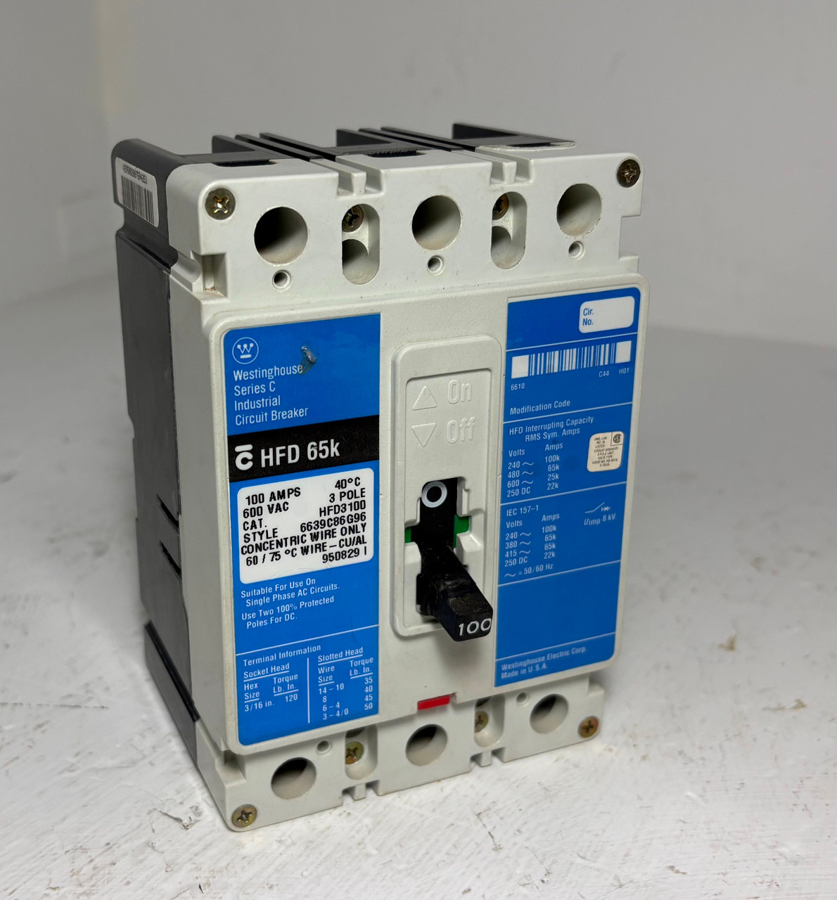 Westinghouse HFD3100 100A Circuit Breaker Glossy Blue 3P 600V HFD3100L 100 Amp (EM5921-1)
