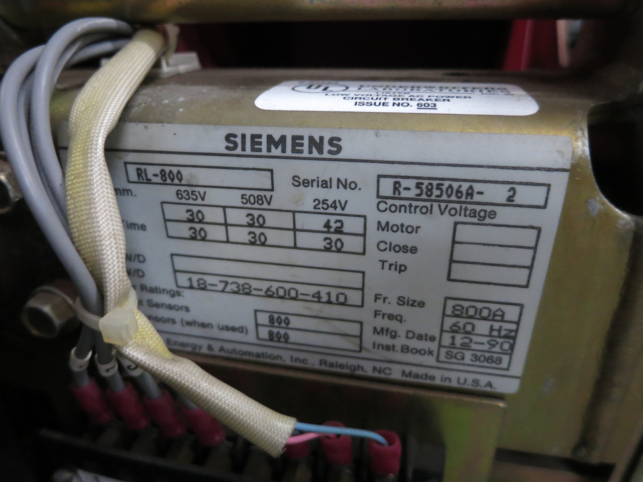 Siemens RL-800 800A Air Circuit Breaker Static Trip III RMS-TS-TZ MO RL800 LS (DW8244-1)