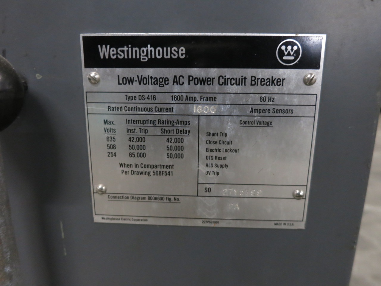 Westinghouse DS-416 1600A AC Power Circuit Breaker Amptector I-A LS 1600 Amp (DW8242-1)