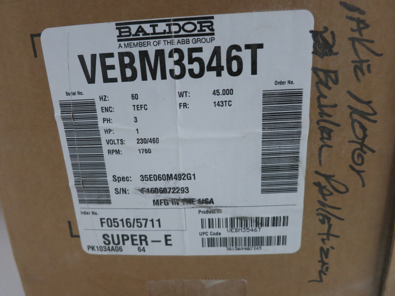 NEW Baldor VEBM3546T 1 HP AC Motor 230/460V 1750 RPM 143TC TEFC 35E060M492G1 (DW8259-1)