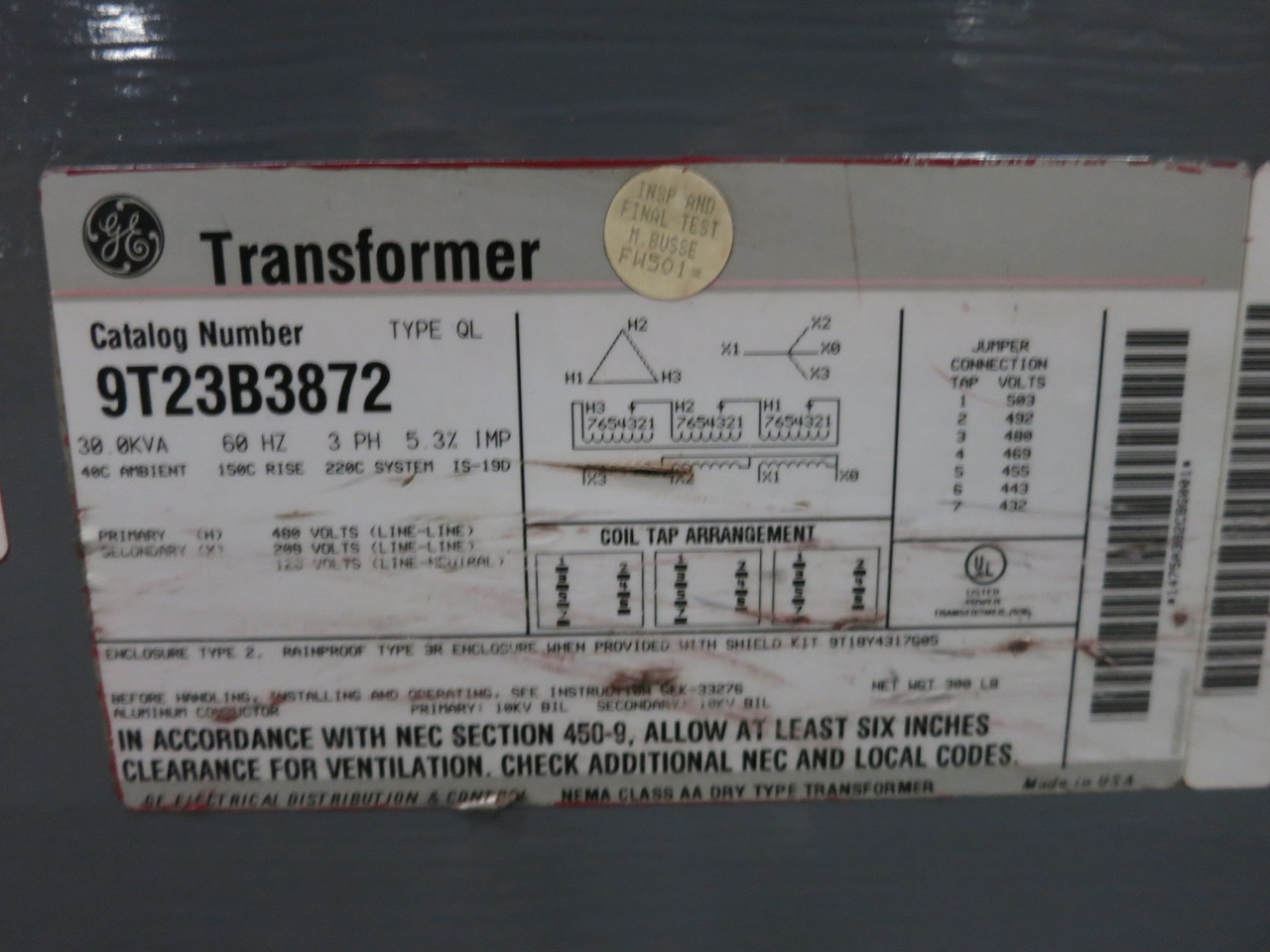 GE 30 kVA 480 Delta to 208Y/120 V 3PH Dry Type Transformer 9T23B3872 480V 208 (DW8262-1)