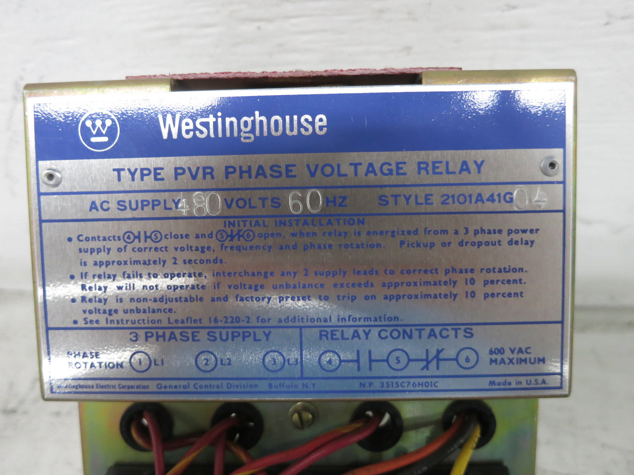Westinghouse 2101A41G04 Type PVR Phase Voltage Relay 480V (DW8269-2)