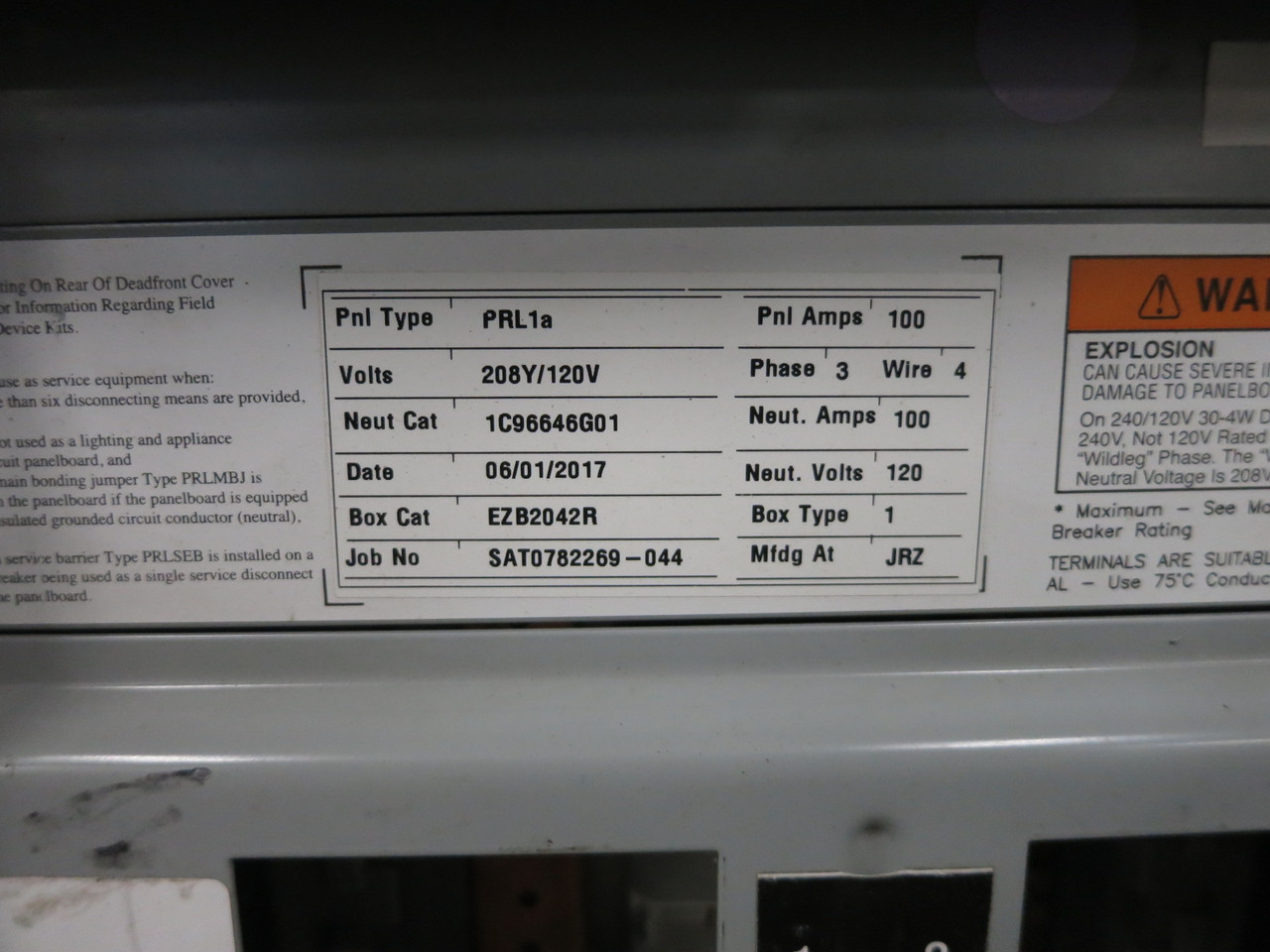 NEW Eaton PRL1a 100A 208V MLO Breaker Panel Board 3PH PRL 100 Amp Pow-R-Line (DW8266-1)
