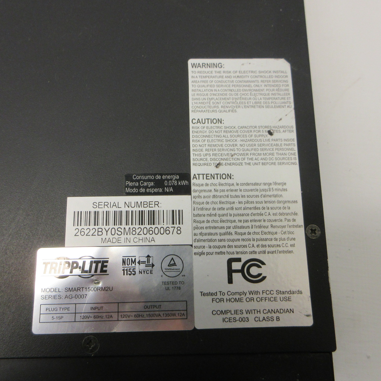 Tripp-Lite SMART1500RM2U Power Supply 5-15P 120V 12A 1500VA 1350W w/ Batteries (AH1334-1)