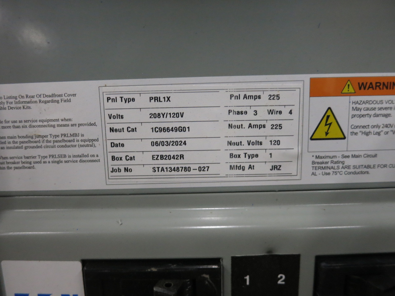 NEW Eaton PRL1X 225A 208Y/120V MLO Circuit Breaker Panel Board 3PH 4W 225 Amp (DW8275-1)