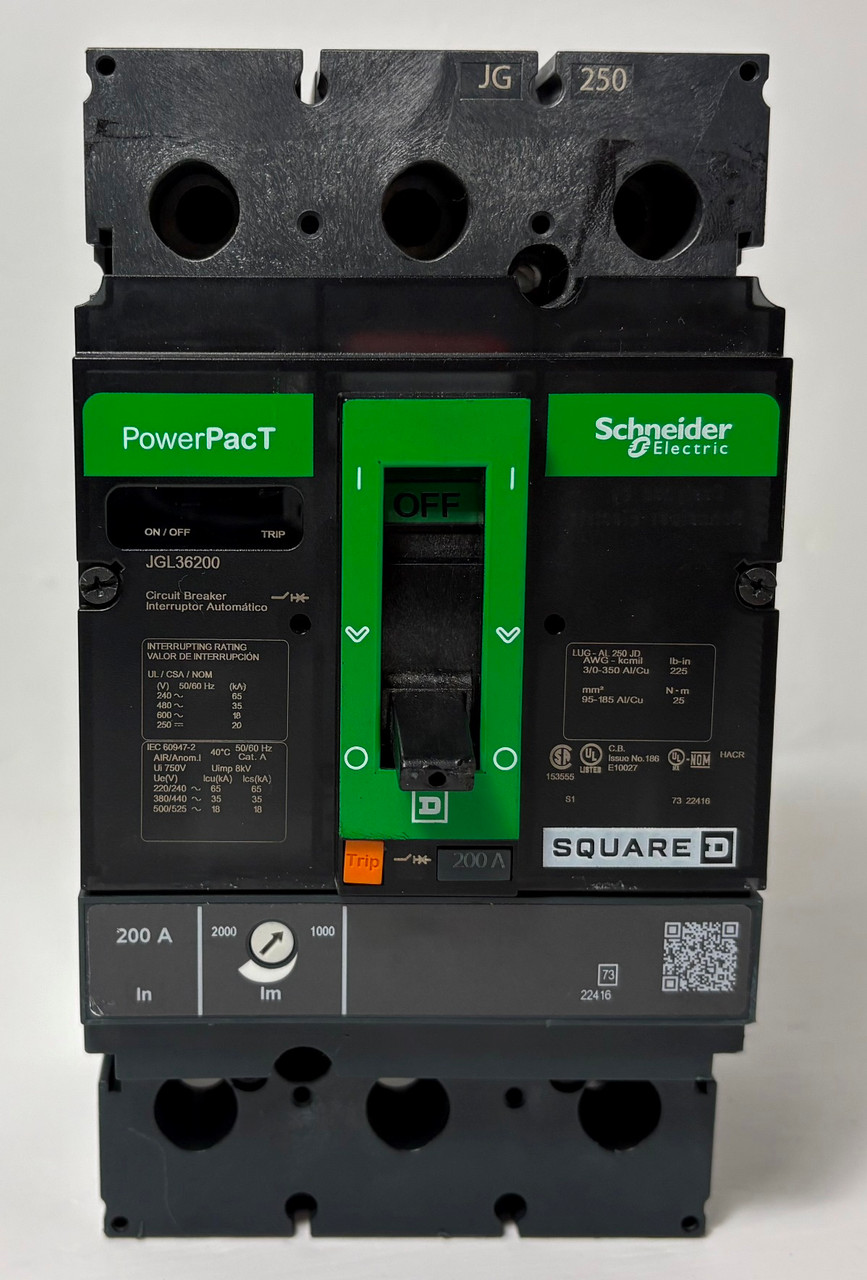 Square D JGL36200 JG 250 PowerPacT Circuit Breaker w/ 200 Amp Trip 600V 3P 200A (EM5925-1)