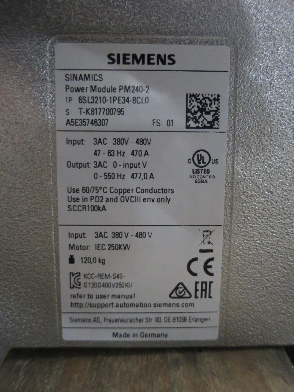 Siemens 6SL3210-1PE34-8CL0 Sinamics Power Module Drive 250 kW PM240-2 300 HP 480 (DW8279-2)