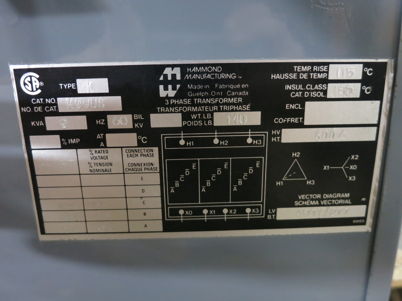 Hammond 9 kVA 600 Delta to 480Y/277 V 3PH Dry Type Transformer K99US 600V - 480V (DW8284-1)