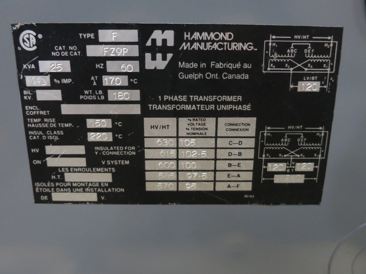 Hammond 25 kVA 600 to 120/240 V 1PH Dry Type Transformer FZ9P 600V Single Phase (DW8285-1)