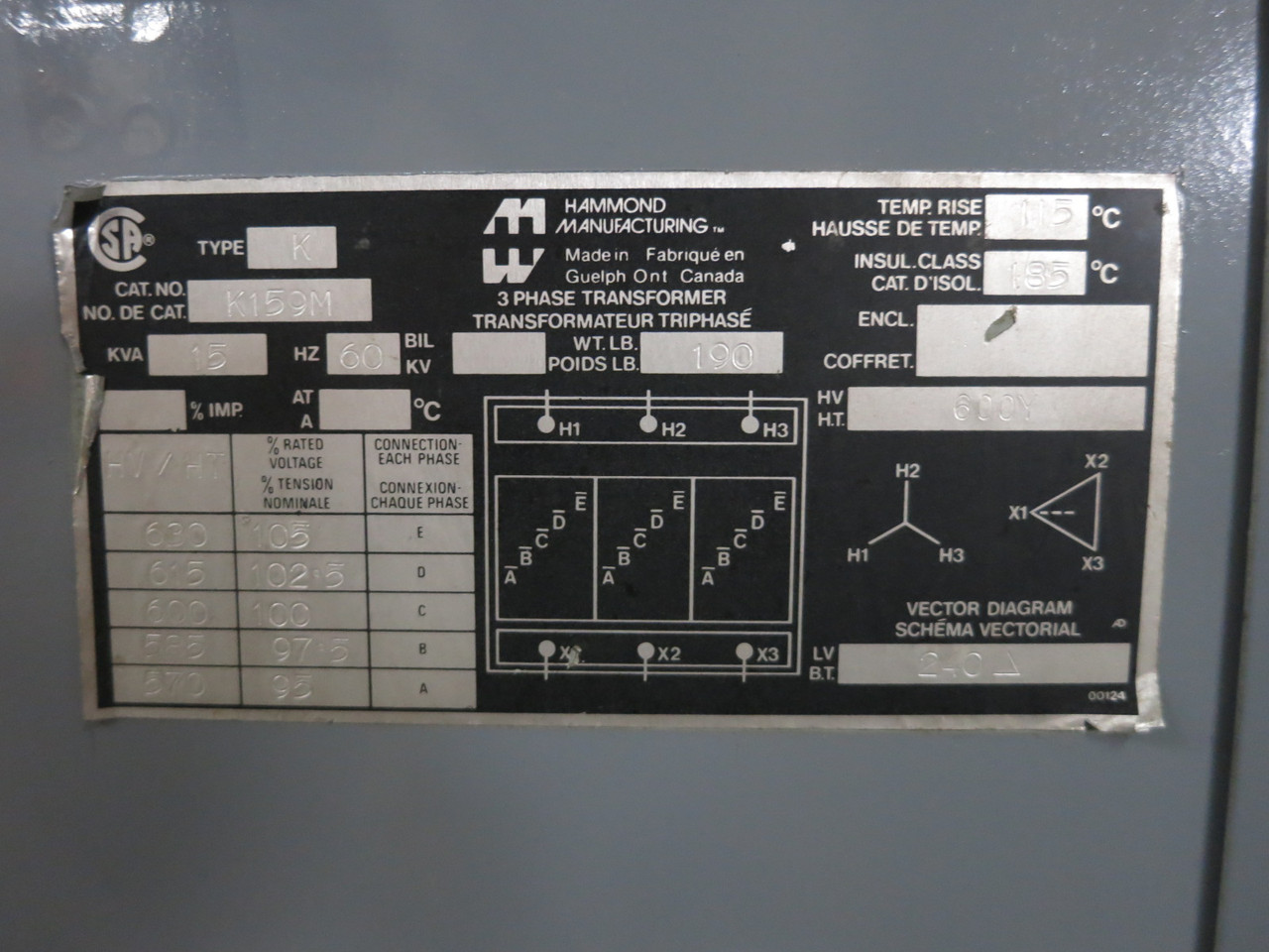 Hammond 15 kVA 600 Y to 240 Delta V 3PH Dry Type Transformer K159M 600V - 240V (DW8283-1)