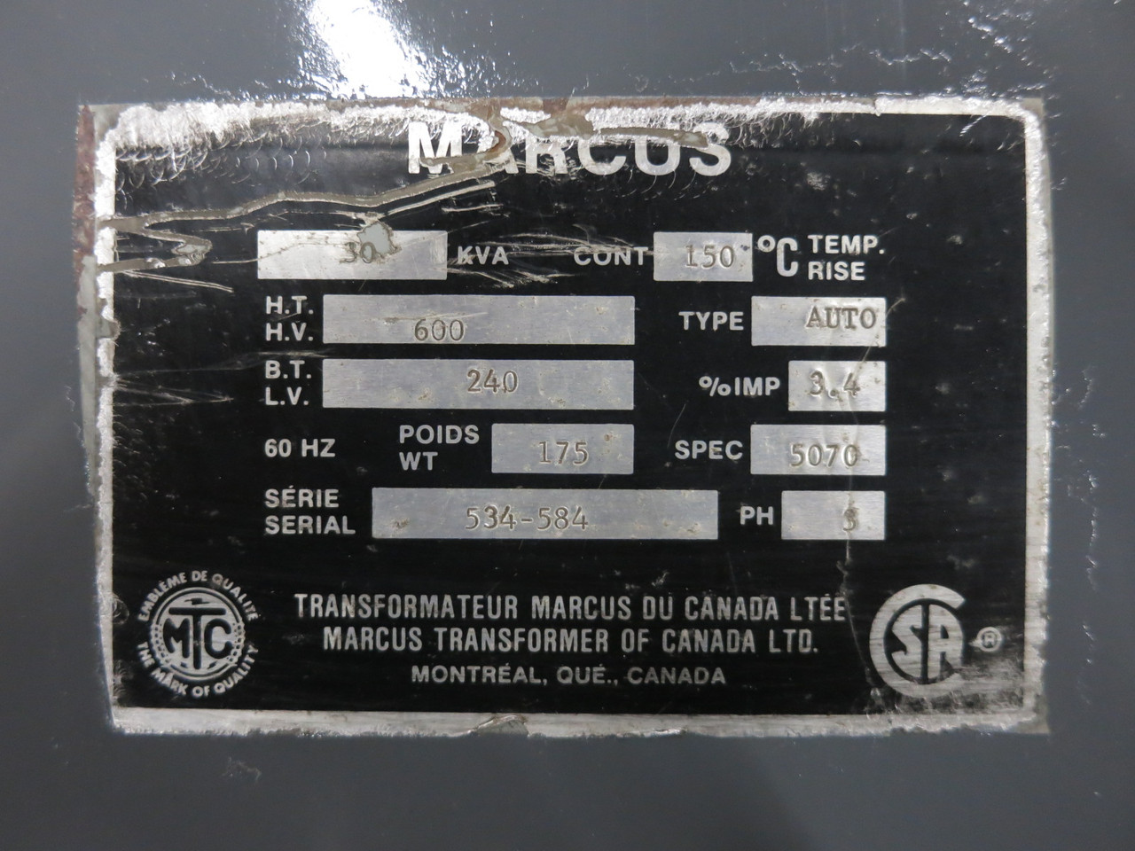 Marcus 30 kVA 600 to 240 V 3PH Autotransformer 600V - 240V 5070 Auto Transformer (DW8282-1)