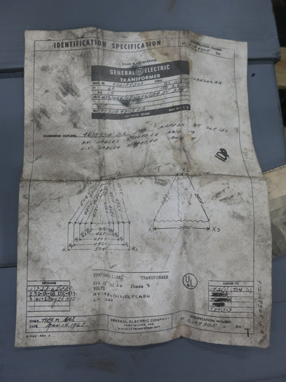 GE 15 kVA 480 Delta - 240 Delta V 3PH Dry Type Transformer 9T21A9305 480V - 240V (DW8281-1)