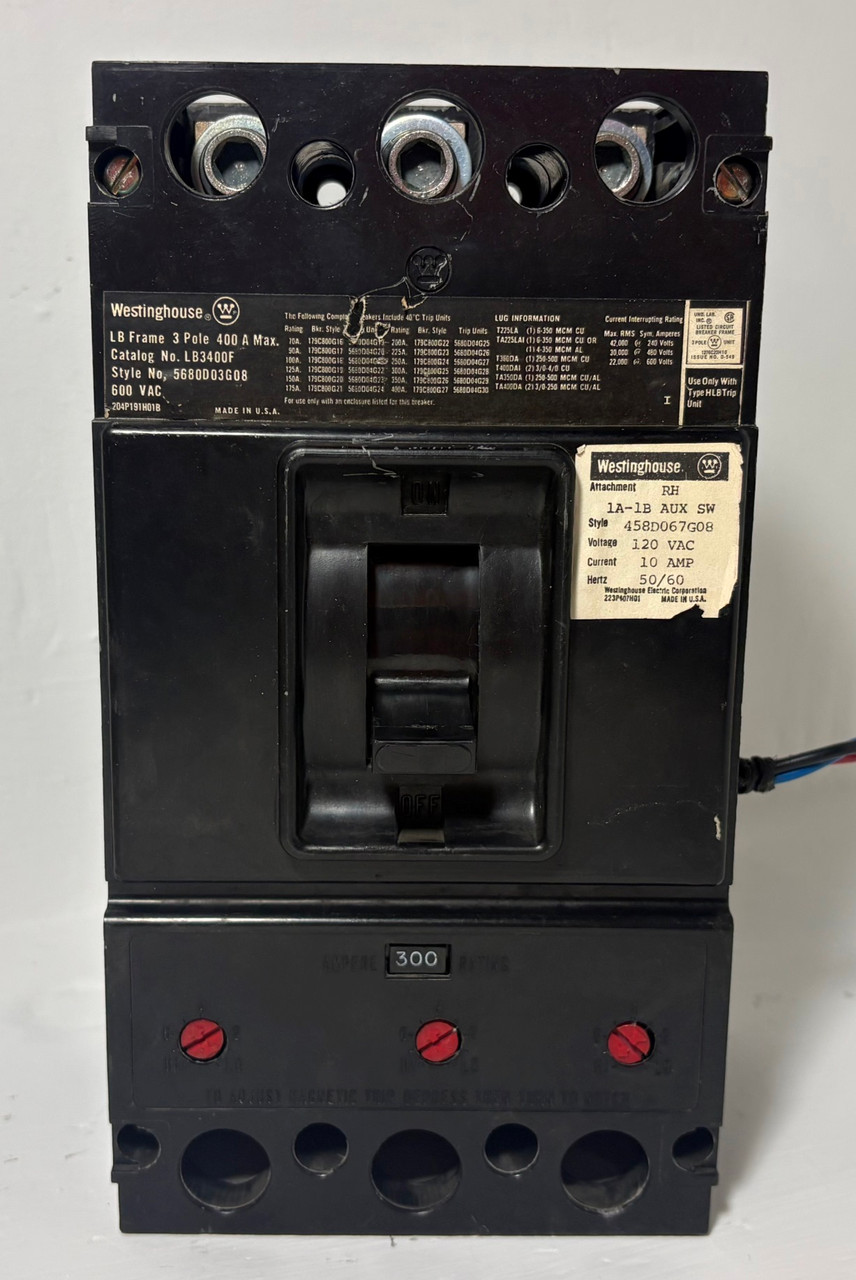 Westinghouse LB3400F 400A Circuit Breaker w/ 300 Amp Trip & Aux 600V 3P LB3300 (EM5928-1)