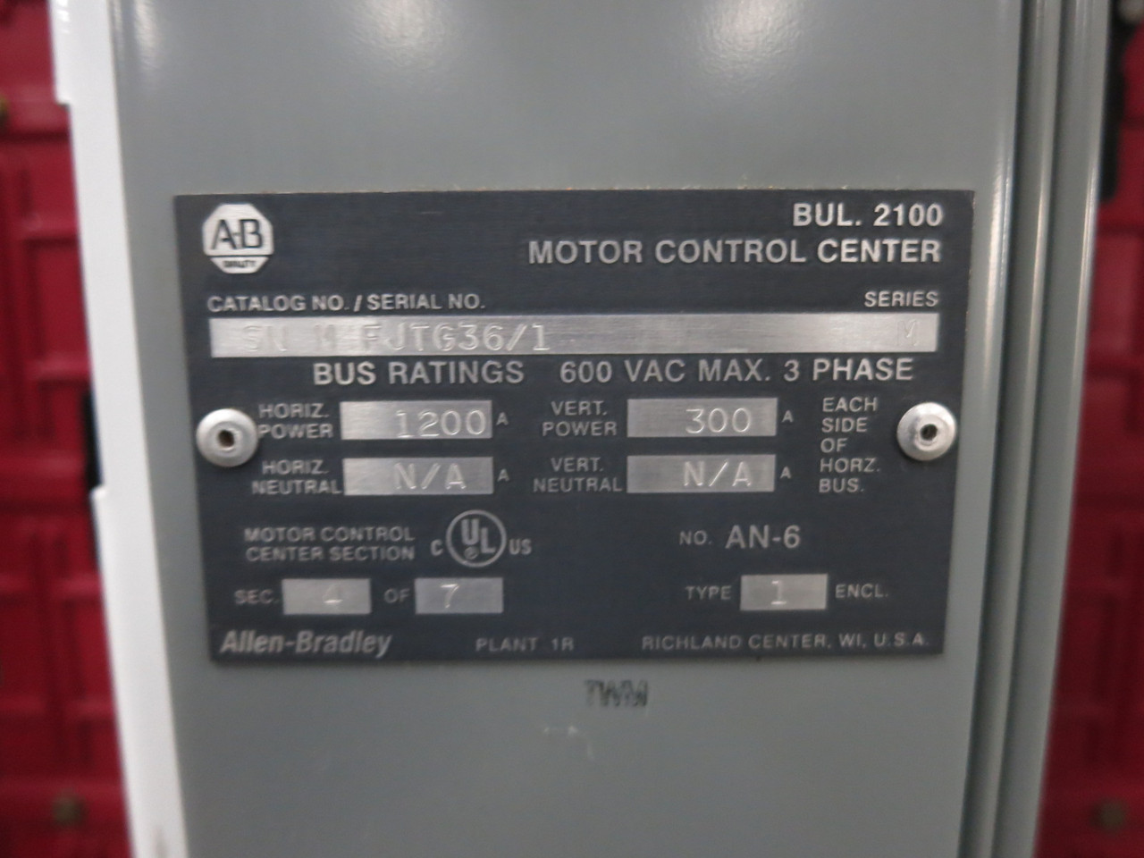Allen Bradley Centerline 2100 1200/300 Amp 4x MCC Section Motor Control Center (DW8305-2)