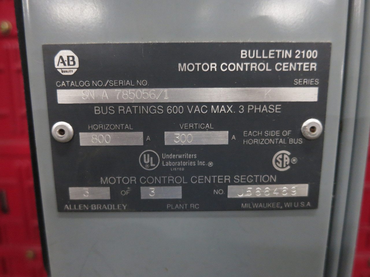 Allen Bradley Centerline 2100 800/300 Amp 3x Section MCC Motor Control Center F (DW8306-1)