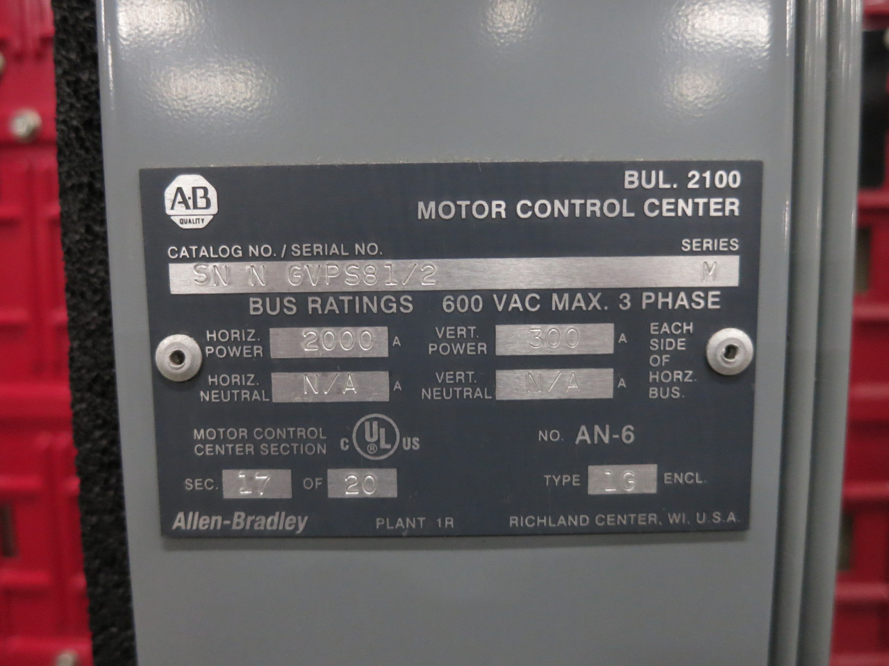 Allen Bradley Centerline 2100 2000/300A 3x MCC Section Motor Control Center (DW8311-1)