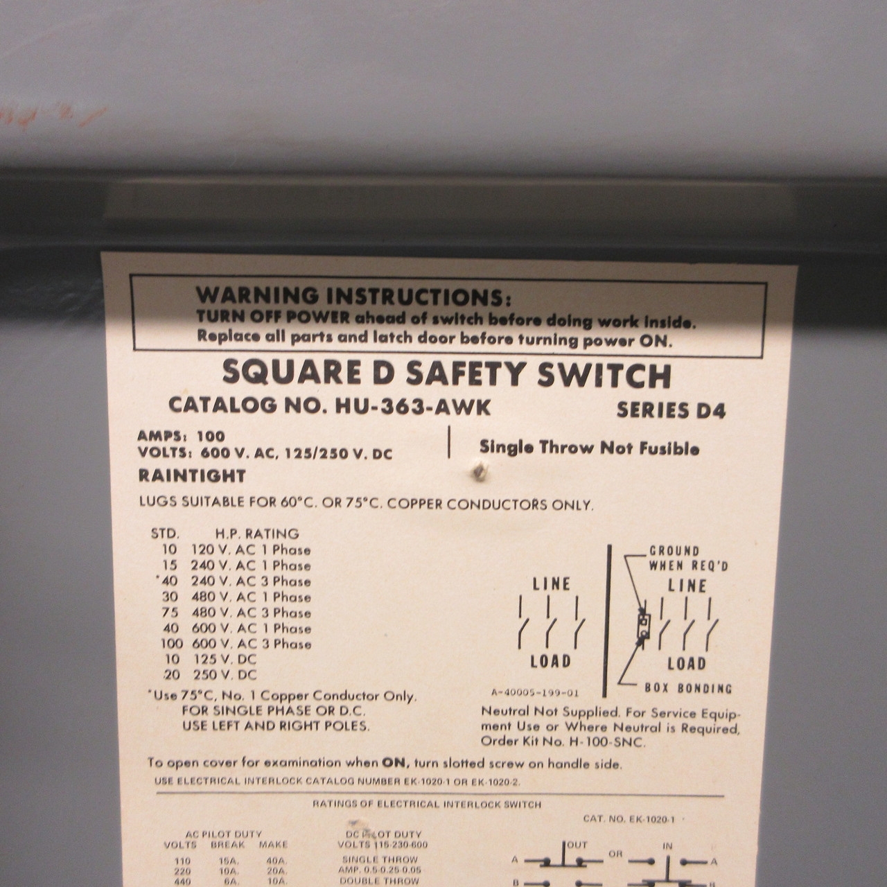 Square D HU-363-AWK 100A 600V 3R Non-Fusible Disconnect Switch 100 Amp (painted) (AH1406-2)