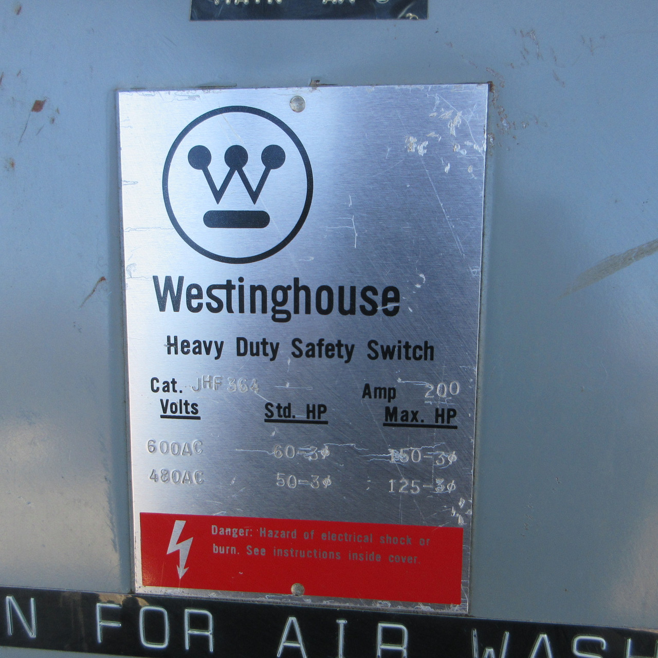 Westinghouse JHF364 200A 600VAC Fusible Safety Switch Disconnect 150HP 200 Amp (AH1405-1)