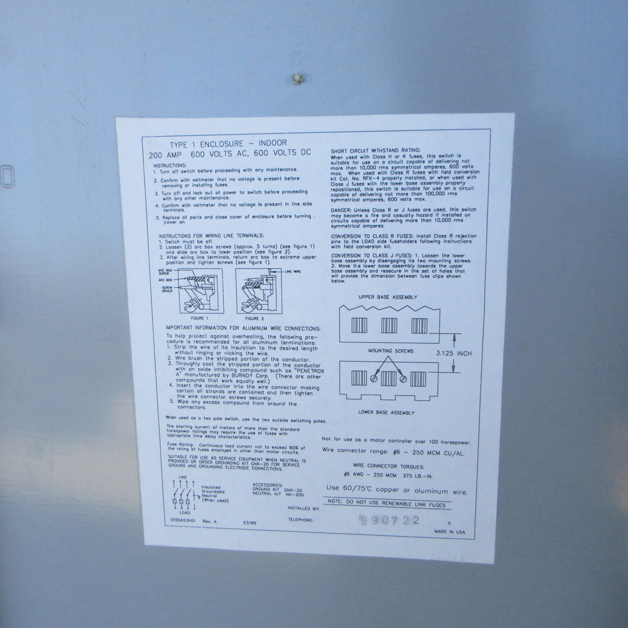 Thomas & Betts HD364-TB 200A 600V Fusible Safety Switch Disconnect w/ 150A Fuses (AH1404-1)
