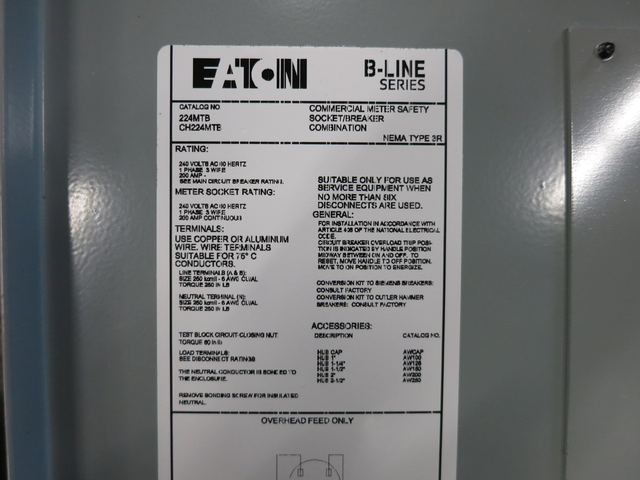 NEW Eaton CH224MTB 200A Main Breaker Socket Meter Combo 200 Amp 224MTB B-Line 3R (DW8314-1)