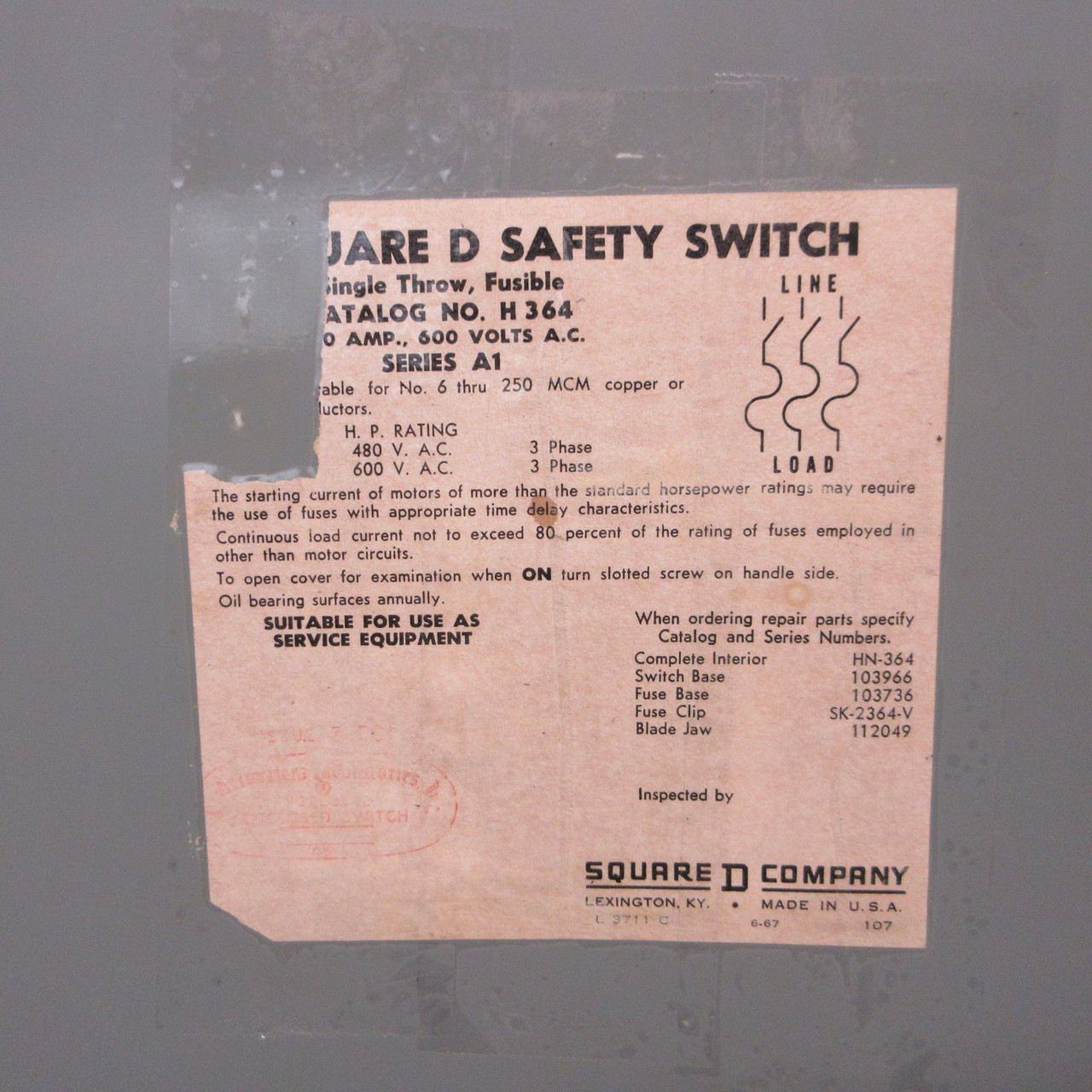 Square D H364 200A 600V Fusible Safety Disconnect Switch 200 Amp A1 (painted) (AH1407-1)