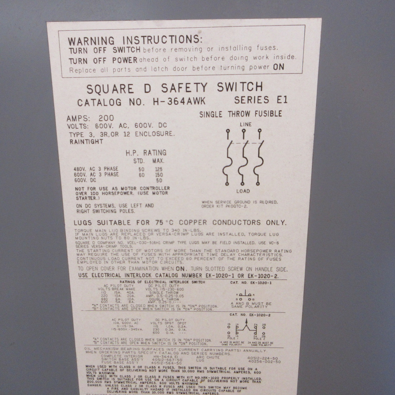 Square D H364AWK 200A 600V Fusible Safety Switch Disconnect 200 Amp 3R Ser E1 (AH1409-1)