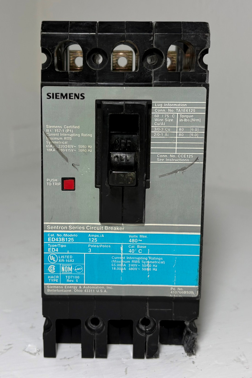 Siemens ED43B125 125A Sentron Circuit Breaker Type ED4 480V 3 Pole 125 Amp FLAW (EM5934-1)