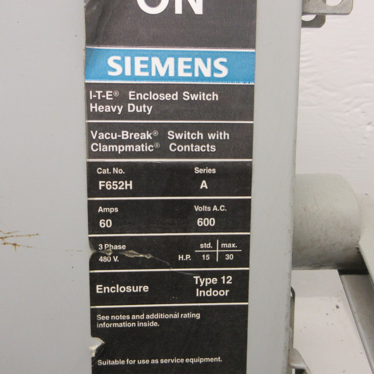 Siemens ITE F652H 60A 480/600V 6 Pole 3R Fusible Safety Switch Disconnect 60 Amp (AH1412-1)
