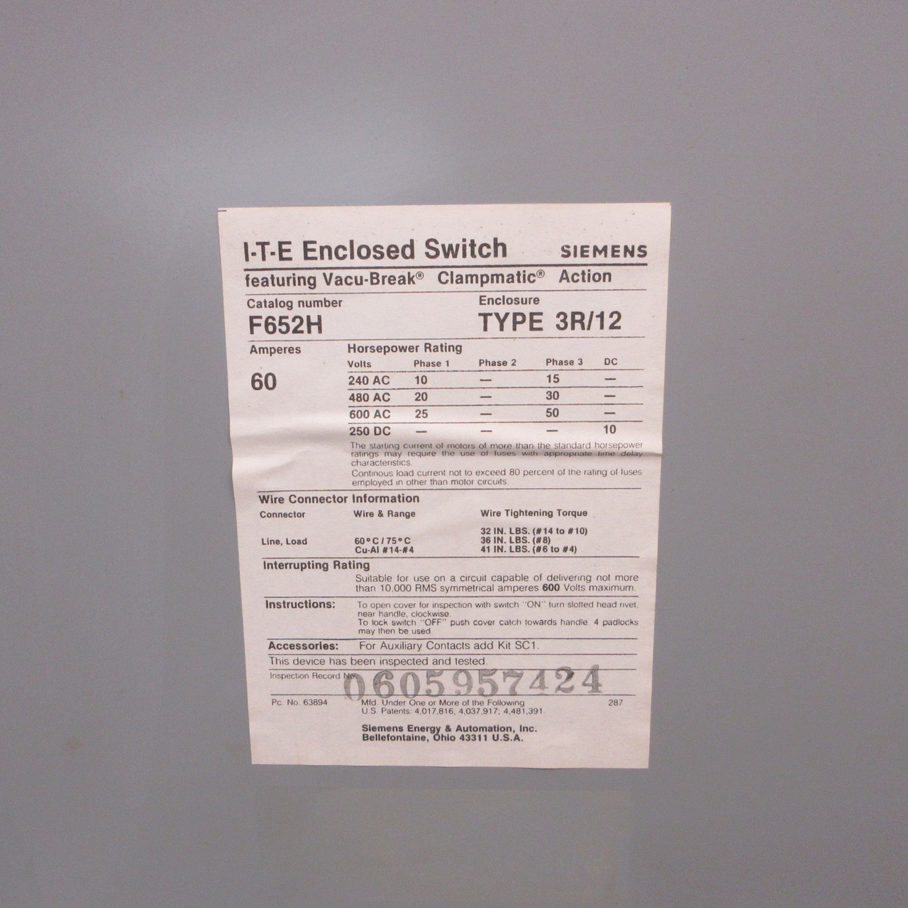 Siemens ITE F652H 60A 480/600V 6 Pole 3R Fusible Safety Switch Disconnect 60 Amp (AH1412-1)