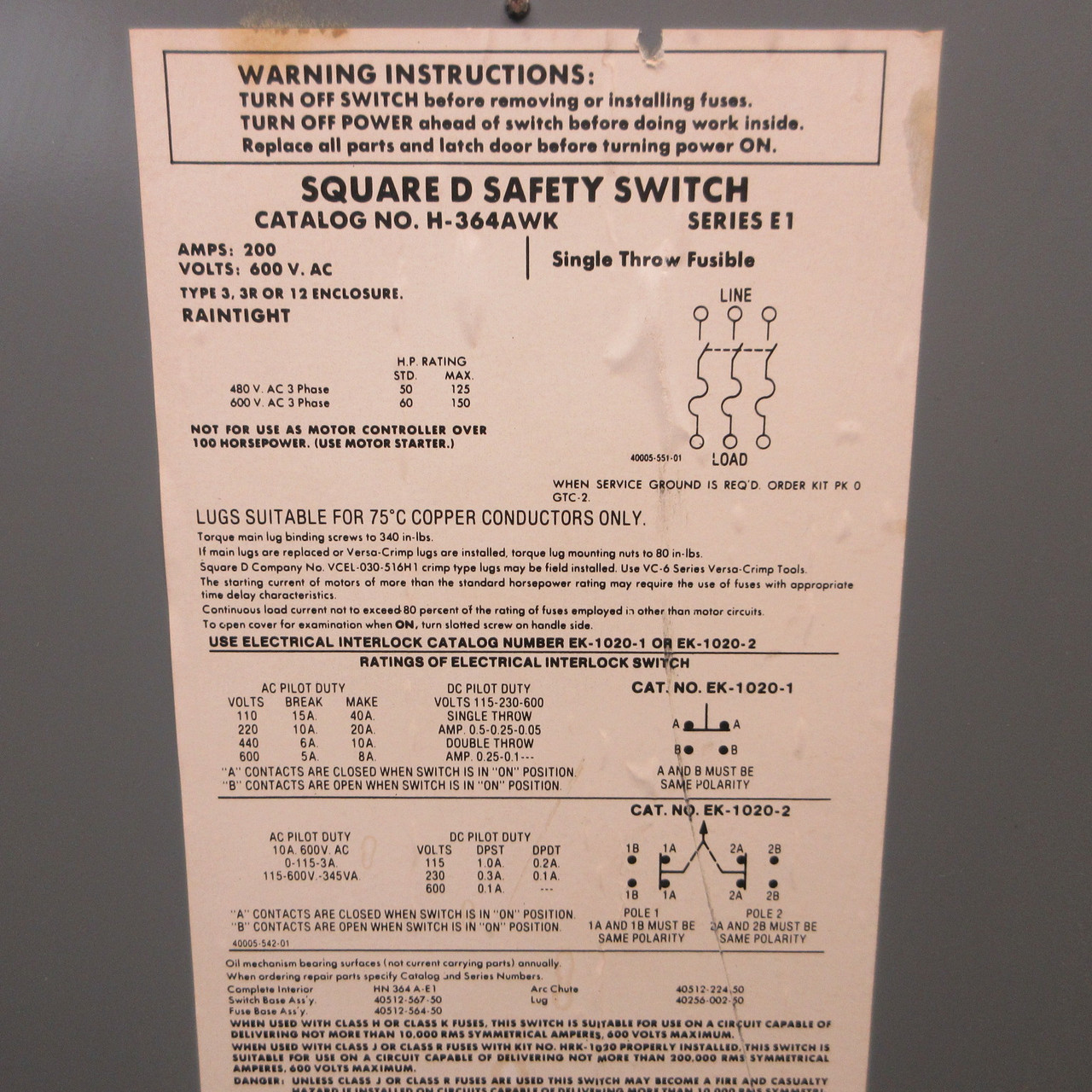 Square D H364AWK 200A 600V Fusible Safety Switch Disconnect 200 Amp 3R w/ Fuses (AH1413-1)