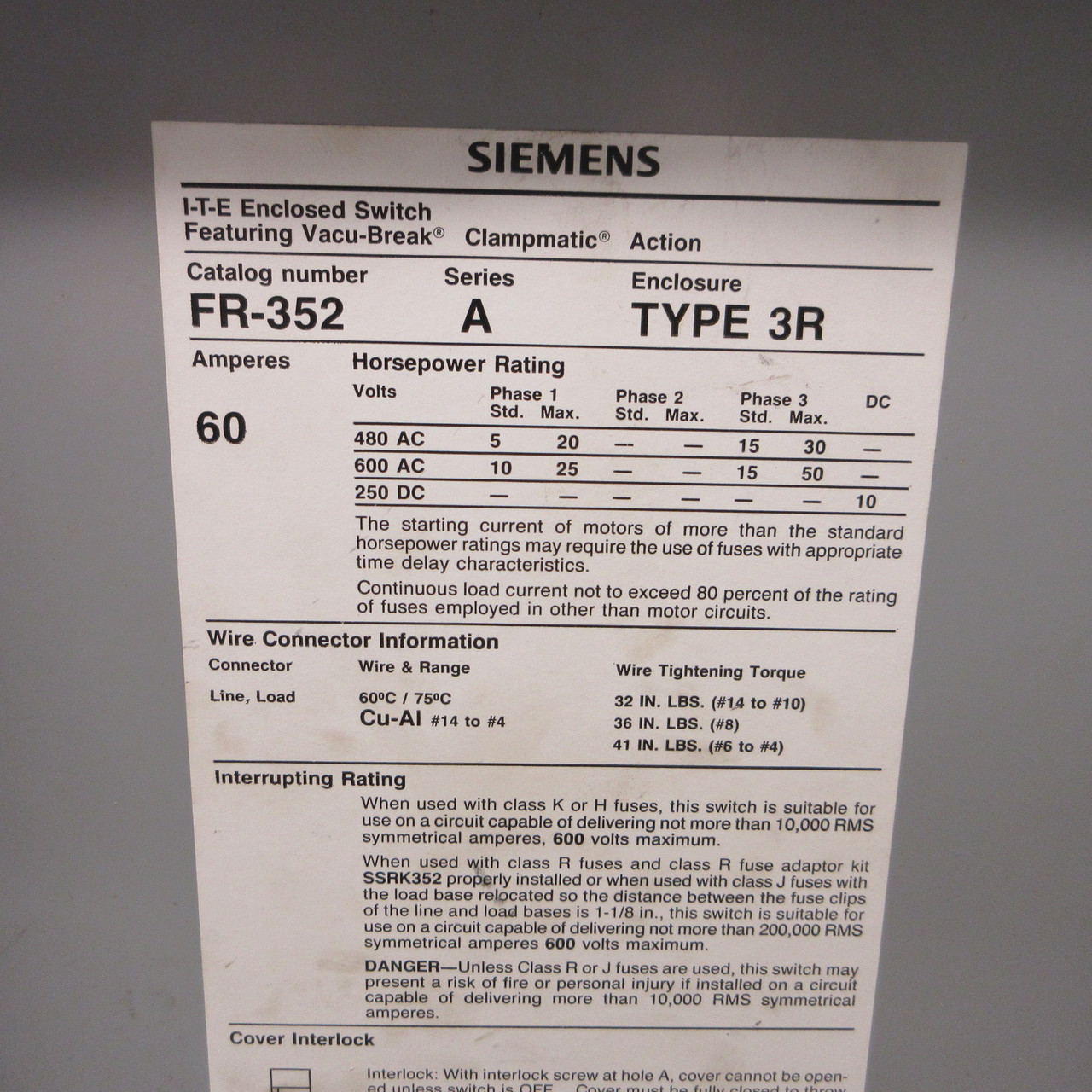 Siemens ITE FR352 60A 480/600V 3 Pole 3R Fusible Safety Switch 60 Amp w/ Fuses (AH1416-1)
