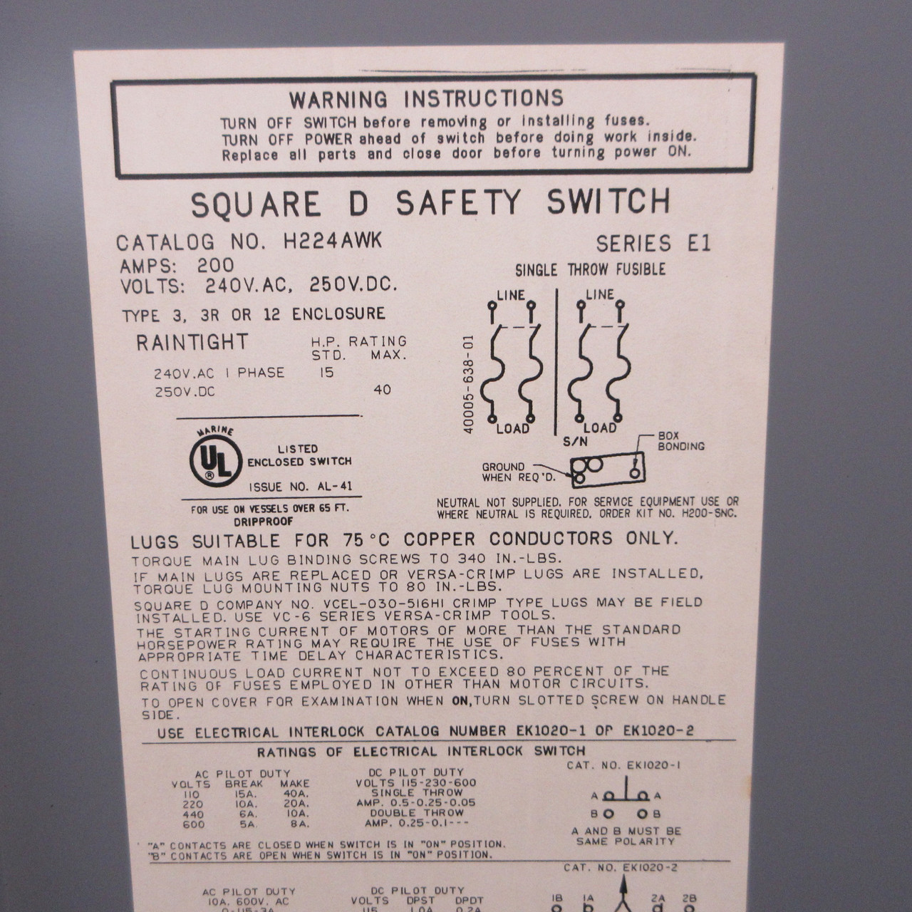 NEW Square D H224AWK 200A 240V 2P Non-Fusible Disconnect Switch 200 Amp 3R NNB (AH1414-1)